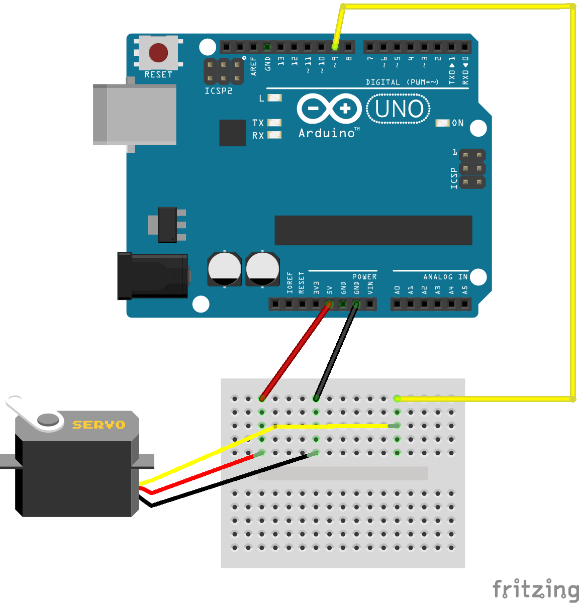 Arduino breadboard wiring for servo motor.